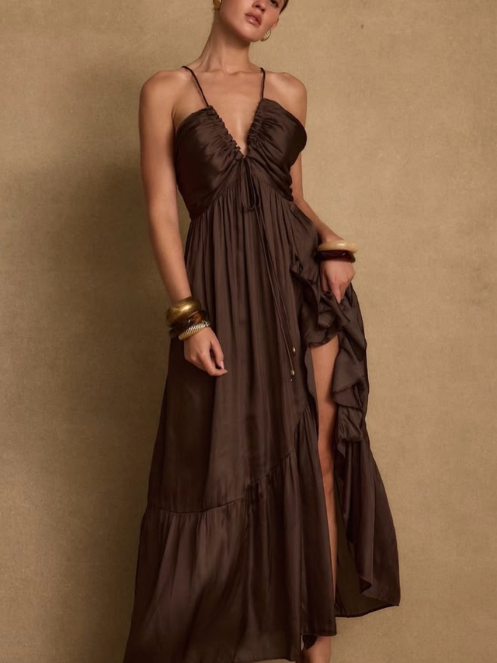 12th Tribe Mia Espresso Maxi Dress Ruffled V-Neck